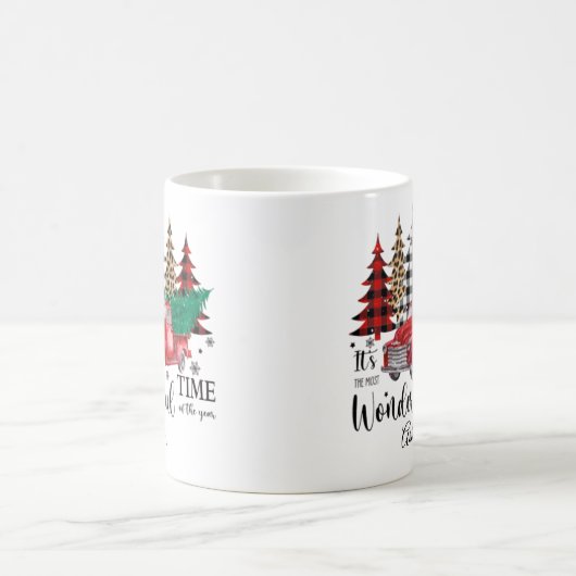 Gepersonaliseerde luipaard print plaid kerstboom koffiemok (Center)