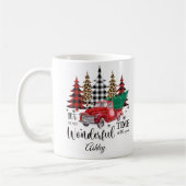 Gepersonaliseerde luipaard print plaid kerstboom koffiemok (Links)