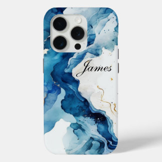 Gepersonaliseerde Luxe Blauwe, witte & Gouden Wate iPhone 15 Pro Case