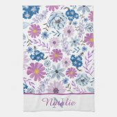 Gepersonaliseerde luxe helderblauw roze bloem theedoek (Verticaal)