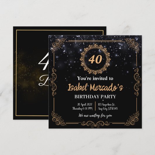 Gepersonaliseerde Luxe Zwart Goud Verjaardag Uitno Kaart (Voorkant / Achterkant)