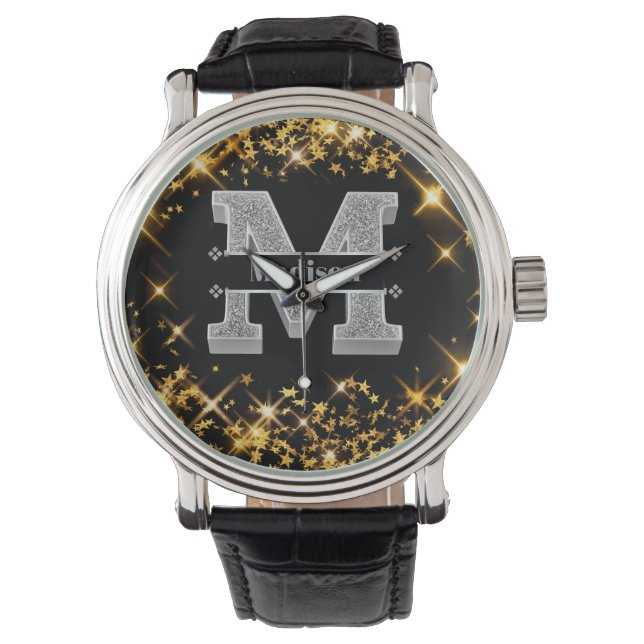 Gepersonaliseerde M Initiaal Silver Monogram Jouw  Horloge (Voorkant)