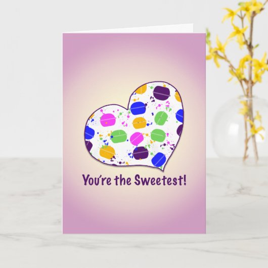 Gepersonaliseerde Macaron Confetti Hart Valentijns Kaart (Gele Bloem)