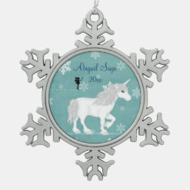 Gepersonaliseerde magische witte eenhoorn en fee tin sneeuwvlok ornament