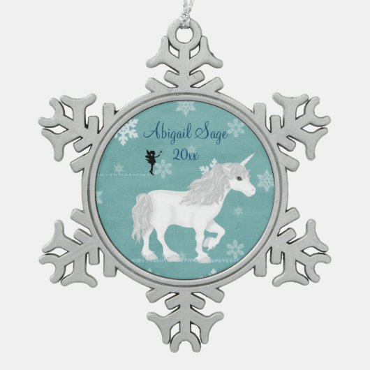 Gepersonaliseerde magische witte eenhoorn en fee tin sneeuwvlok ornament (Voorkant)