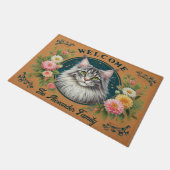Gepersonaliseerde Maine Coon Cat Stijlvolle Bloeme Deurmat (Schuin)
