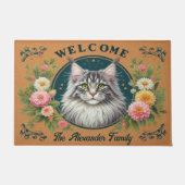 Gepersonaliseerde Maine Coon Cat Stijlvolle Bloeme Deurmat (Voorkant)