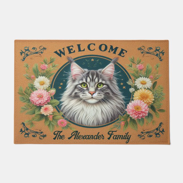 Gepersonaliseerde Maine Coon Cat Stijlvolle Bloeme Deurmat (Voorkant)