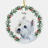 Gepersonaliseerde Maltese hond Rood Groene Vakanti Keramisch Ornament (Voorkant)