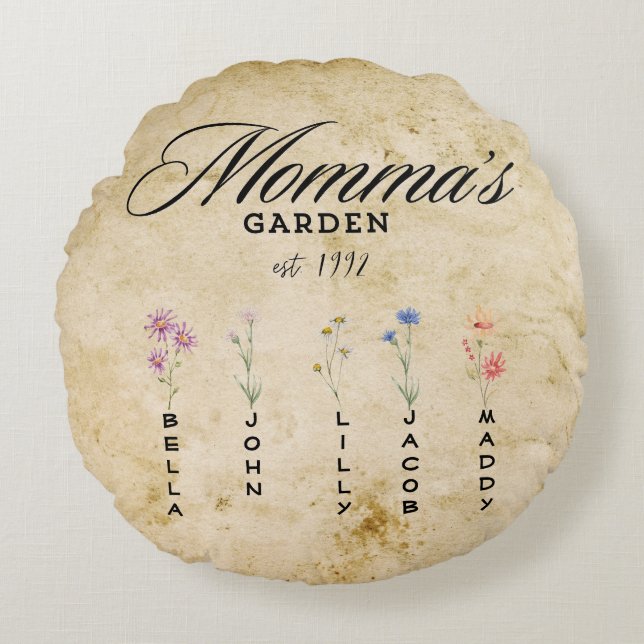 Gepersonaliseerde mama's Wildflower Garden Rond Kussen (Voorkant)