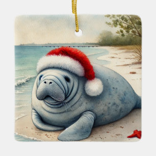 Gepersonaliseerde Manatee met Santa Hat Keramisch Ornament