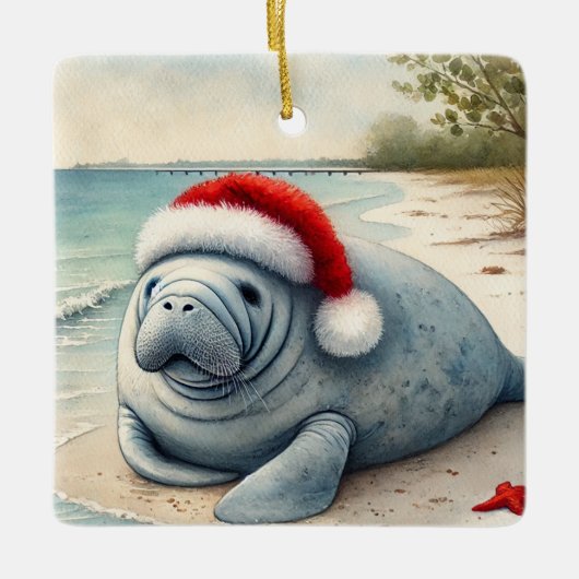 Gepersonaliseerde Manatee met Santa Hat Keramisch Ornament (Voorkant)