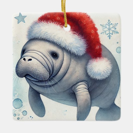 Gepersonaliseerde Manatee met Santa Hat Keramisch Ornament (Voorkant)