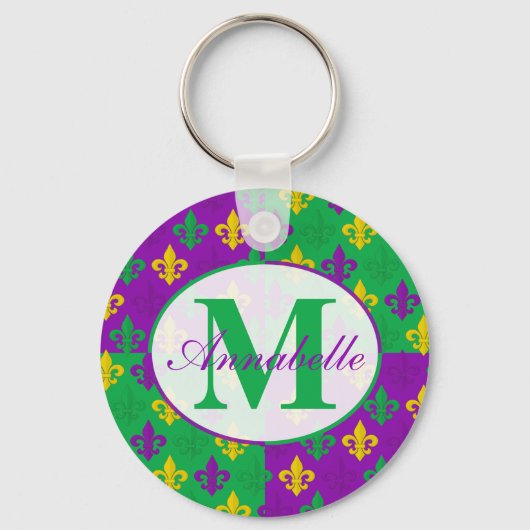 Gepersonaliseerde Mardi Gras Fleur de Lis Pattern Sleutelhanger (Voorkant)
