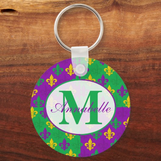 Gepersonaliseerde Mardi Gras Fleur de Lis Pattern Sleutelhanger (Achterkant)