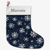 Gepersonaliseerde Marine Blauw en wit Sneeuwvlok Grote Kerstsok (Voorkant)