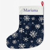 Gepersonaliseerde Marine Blauw en wit Sneeuwvlok Grote Kerstsok (Achterkant)