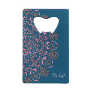 Gepersonaliseerde Marine Blauw Roze Bloemen Mandal Creditkaart Flessenopener
