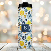 Gepersonaliseerde marine en gele bloemen thermosbeker
