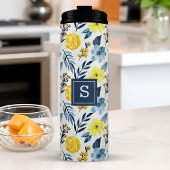 Gepersonaliseerde marine en gele bloemen thermosbeker