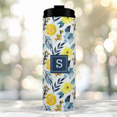 Gepersonaliseerde marine en gele bloemen thermosbeker