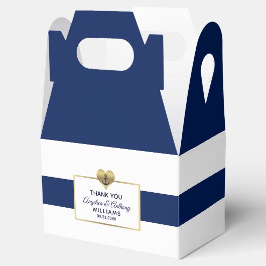 Gepersonaliseerde marineblauw nautisch hart bruilo bedankdoosjes (Geopend)