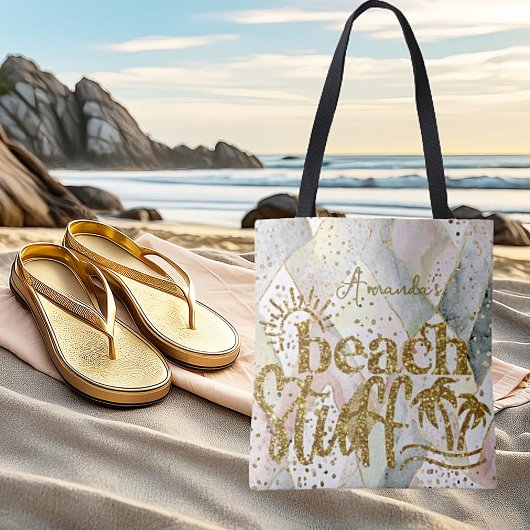 Gepersonaliseerde marmer en goud "Beach stuff" Tote Bag