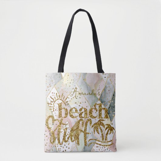Gepersonaliseerde marmer en goud "Beach stuff" Tote Bag (Voorkant)