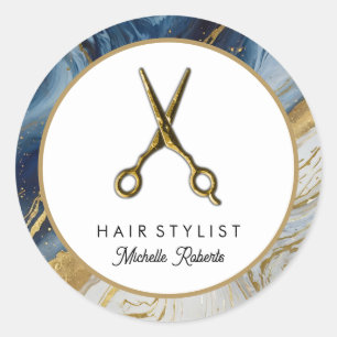 Gepersonaliseerde marmeren gouden schaar kapsalon ronde sticker
