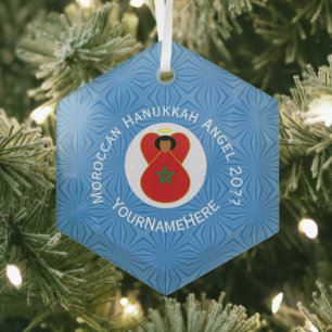Gepersonaliseerde Marokkaanse Hanukkah-engel vlag Glas Ornament