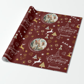 Gepersonaliseerde Maroon Merry kerstcadeau Cadeaupapier