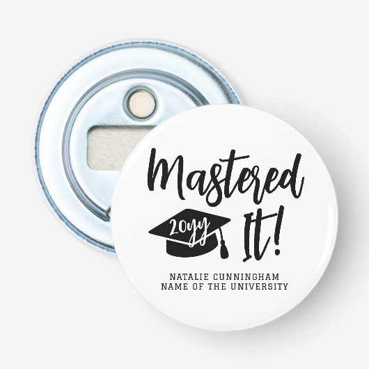 Gepersonaliseerde masterdiploma afstuderen behaald button flesopener (Voorkant)