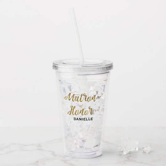 Gepersonaliseerde Matron of Honor Gold Glitter Acryl Drinkbeker (Voorkant ijs)