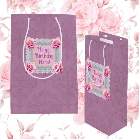 Gepersonaliseerde Mauve Rozen Kant Damask Gift Bag Medium Cadeauzakje