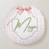 Gepersonaliseerde Maya Baby Girl Nursery Bow & Gin Rond Kussen (Voorkant)