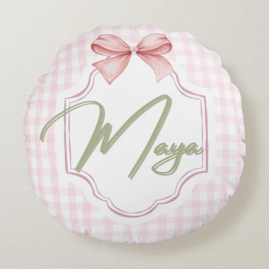 Gepersonaliseerde Maya Baby Girl Nursery Bow & Gin Rond Kussen (Voorkant)