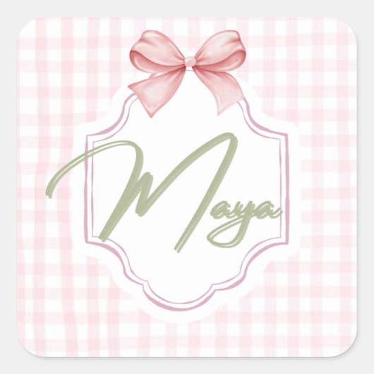 Gepersonaliseerde Maya Baby Girl Nursery Bow & Gin Vierkante Sticker (Voorkant)