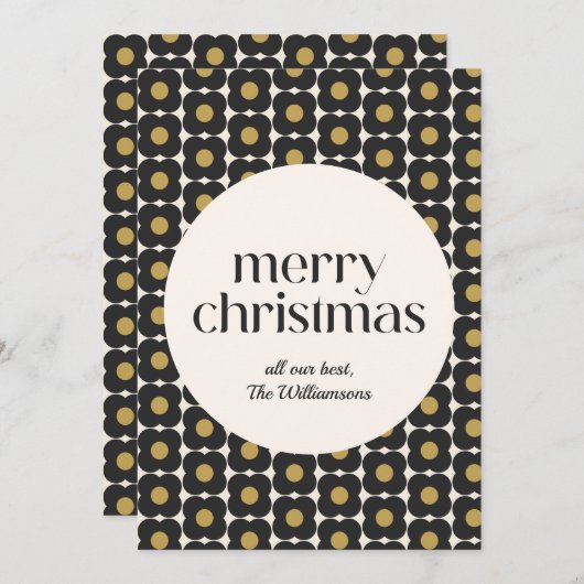 Gepersonaliseerde MCM Retro Bloem Zwart Goud Kerst Feestdagenkaart (Voorkant / Achterkant)