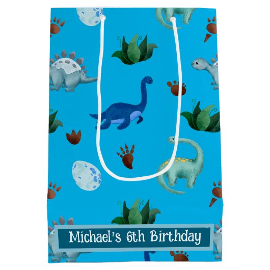 Gepersonaliseerde Meerdere Dino Soorten in Turquoi Medium Cadeauzakje (Achterkant)