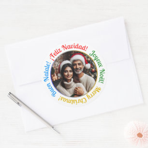 Gepersonaliseerde meertalige vrolijke kerstfoto ronde sticker