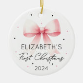 Gepersonaliseerde Meisje Baby Eerste Kerst Roze Bo Keramisch Ornament (Voorkant)