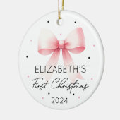 Gepersonaliseerde Meisje Baby Eerste Kerst Roze Bo Keramisch Ornament (Links)