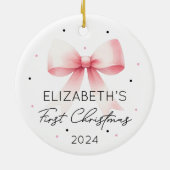 Gepersonaliseerde Meisje Baby Eerste Kerst Roze Bo Keramisch Ornament (Achterkant)