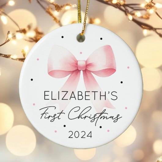 Gepersonaliseerde Meisje Baby Eerste Kerst Roze Bo Keramisch Ornament