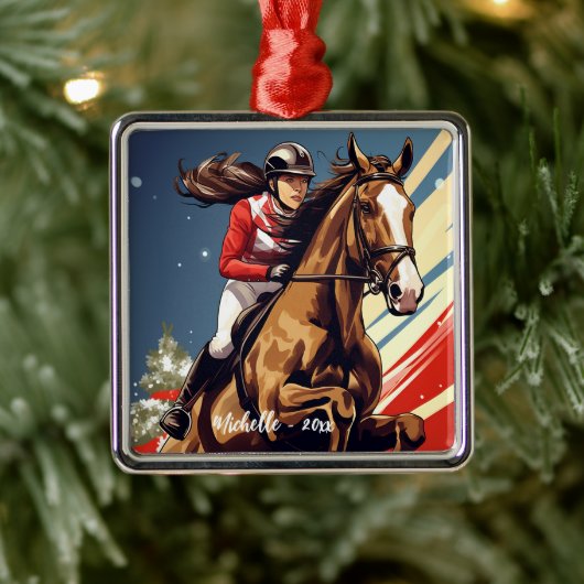 Gepersonaliseerde Meisje en Paard Springen Kerstmi Metalen Ornament (Boom)