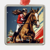 Gepersonaliseerde Meisje en Paard Springen Kerstmi Metalen Ornament (Voorkant)
