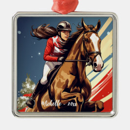Gepersonaliseerde Meisje en Paard Springen Kerstmi Metalen Ornament