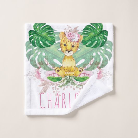 Gepersonaliseerde Meisje Leeuw Illustratie Safari Bad Handdoek (Wasdoekje)