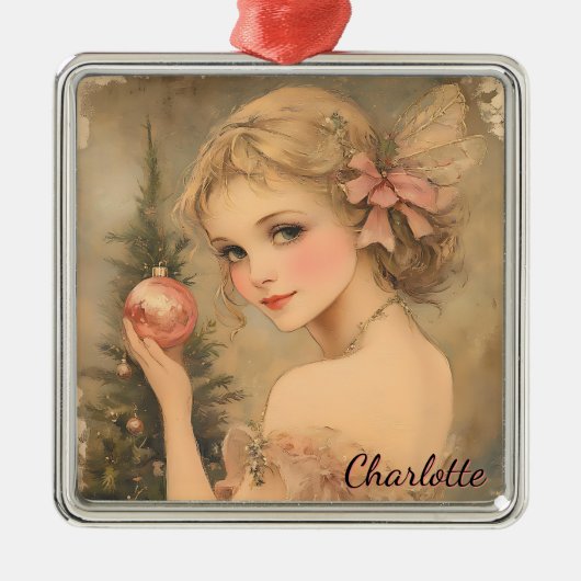 Gepersonaliseerde Meisje met Roze Bauble Metalen Ornament (Voorkant)