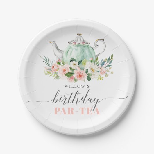 Gepersonaliseerde Meisje Verjaardag Par-Tea Party Papieren Bordje (Voorkant)